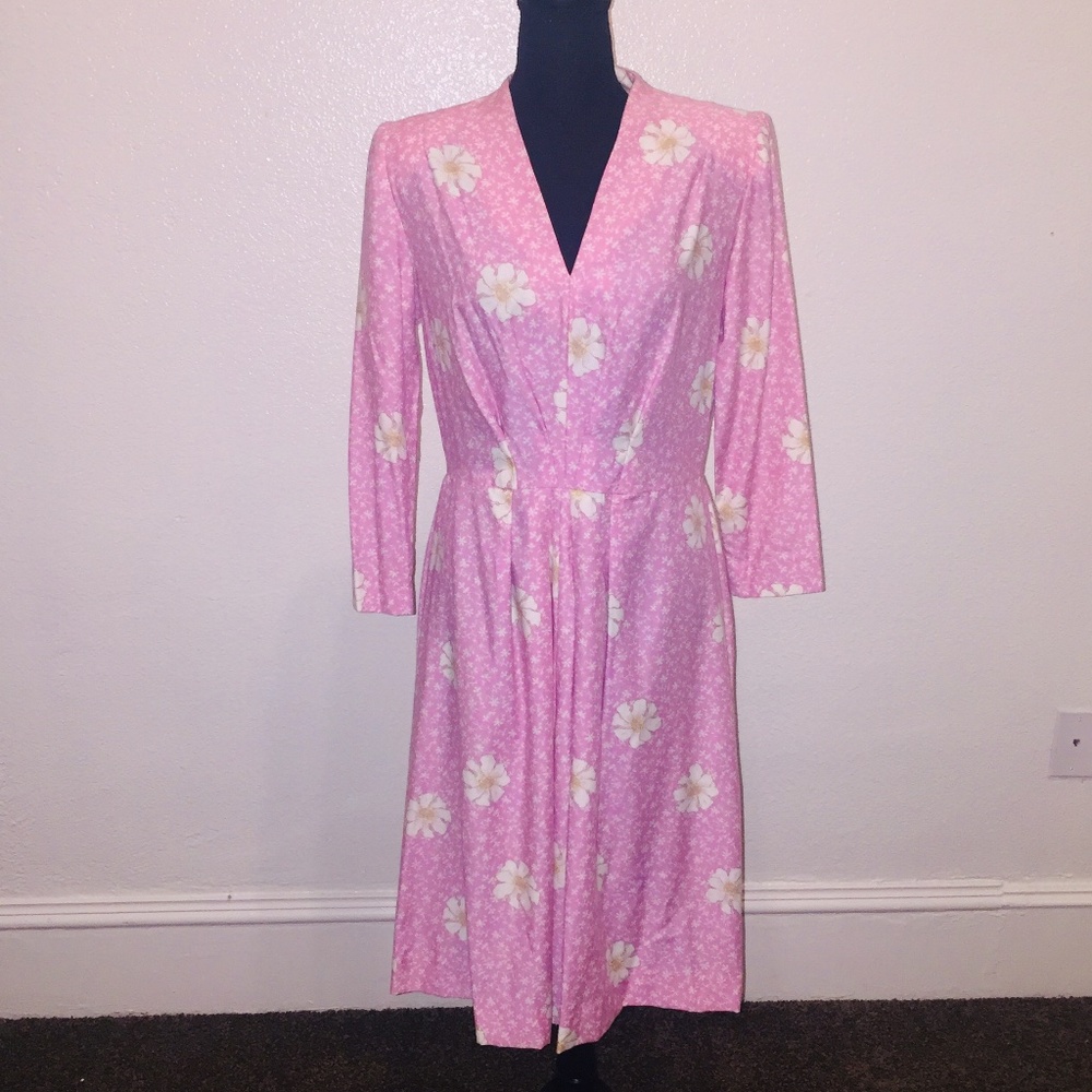 Vintage pink and white floral long sleeve midi length dress